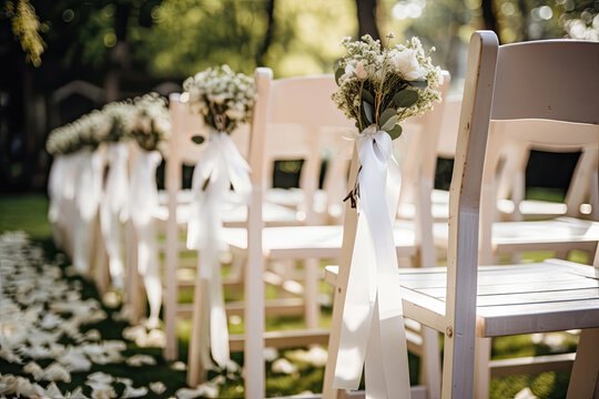 Ribbon tied floral posies lining a petal strewn aisle