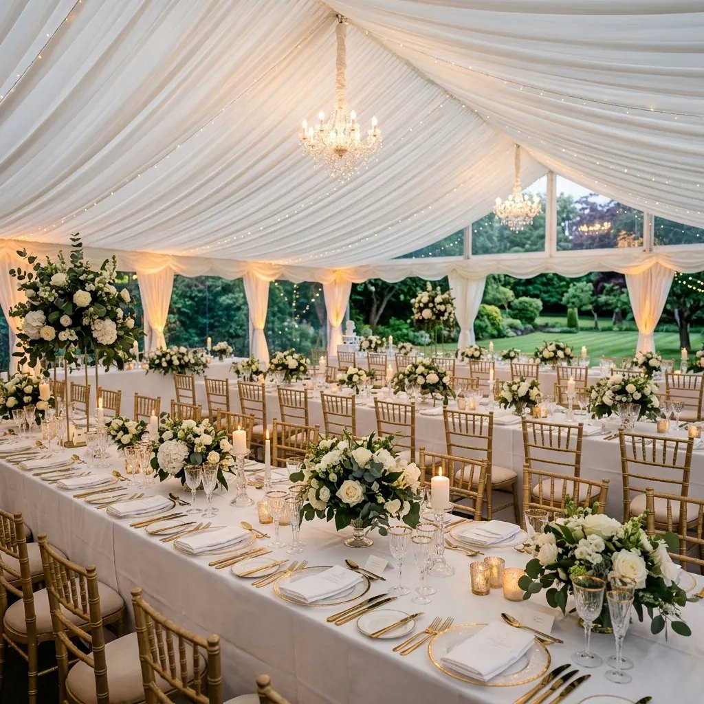 Candlelit marquee reception with gold Chiavari chairs and white floral centrepieces